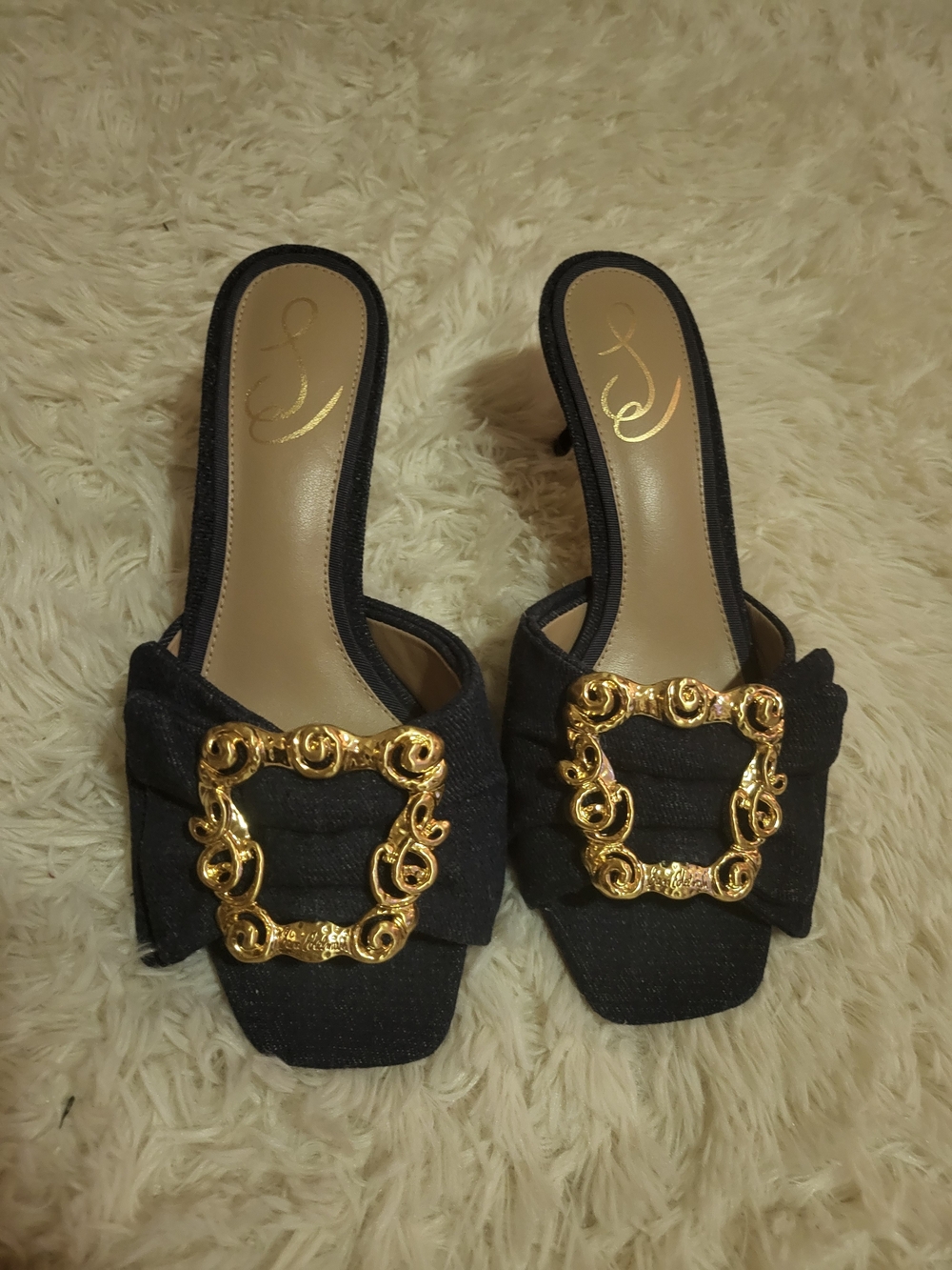 Womens Blue Slip-On Mules with Gold Decorative Buckle - Picture 5 of 6